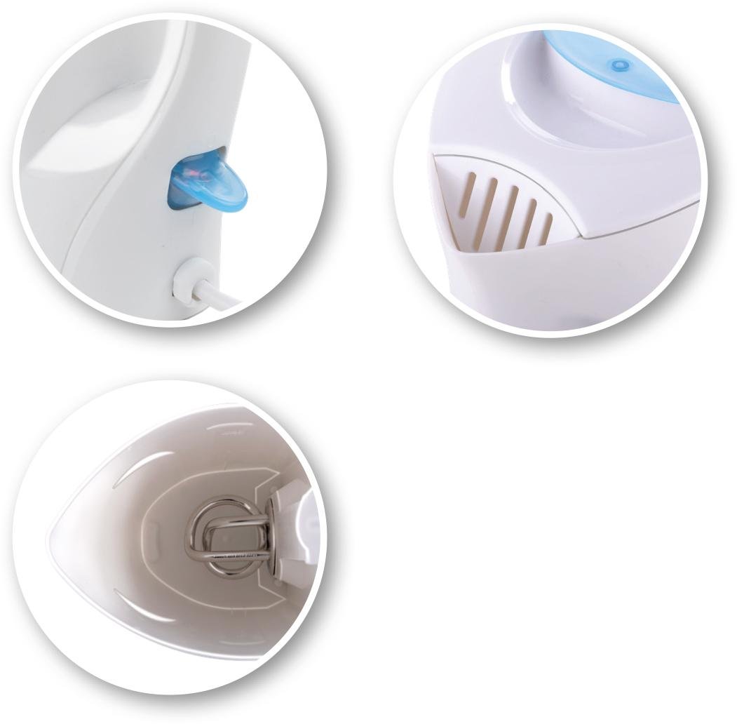 Trzy koła przedstawiające fragmenty czajnika - lejek, włącznik oraz grzałkę.