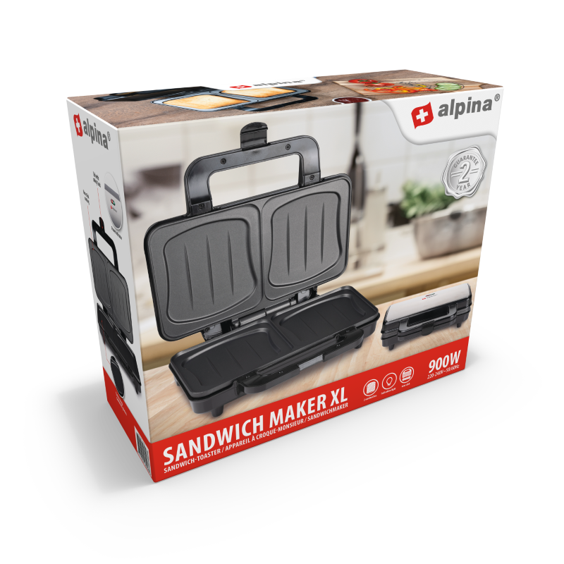 Pudełko od opiekacza na kanapki Alpina. Na kartonie jest produkt otwarty, zamknięty i czerwone elementy.