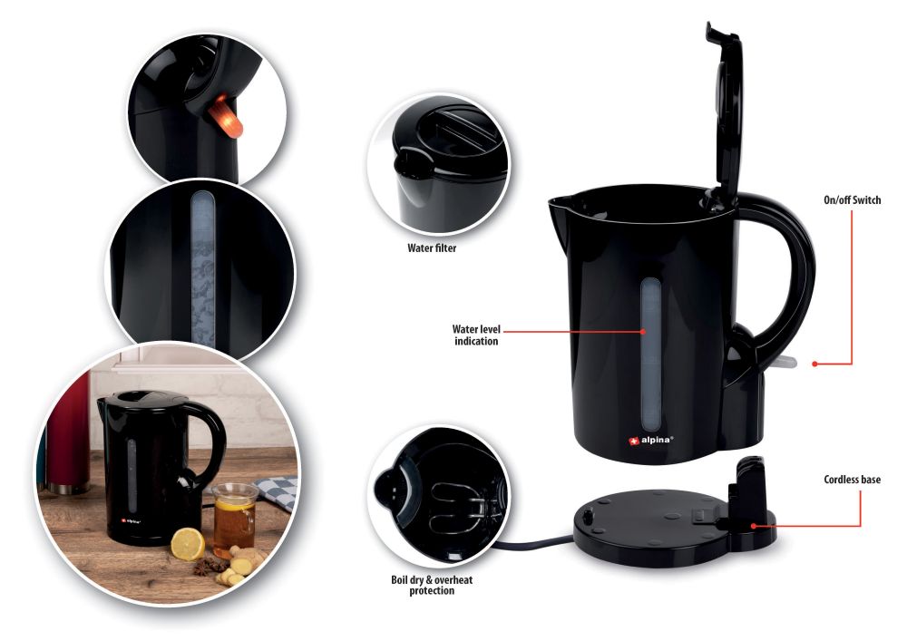 Czarny czajnik Alpina z wyróżi0onymi kluczowymi funkcjami urządzenia.