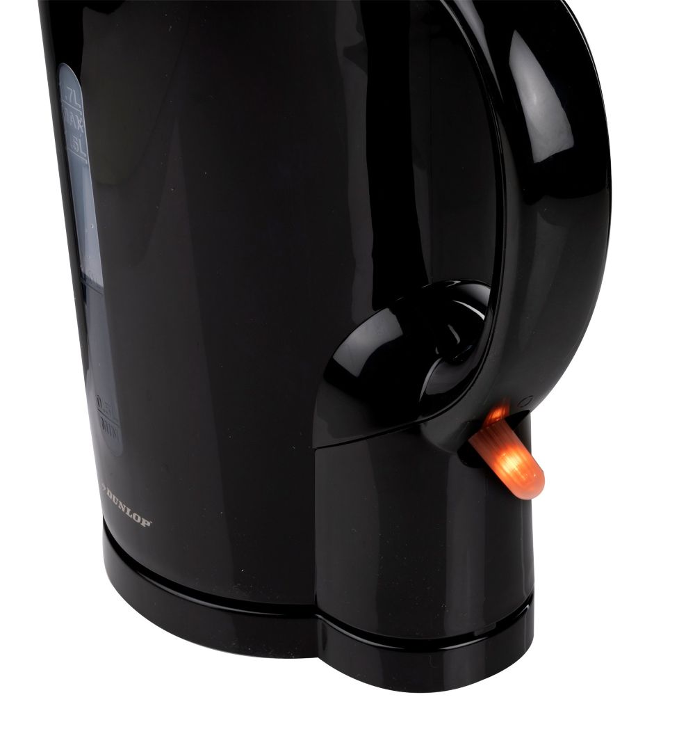 Otwarty czarny czajnik Alpina, zdjęcie od tyłu. Na zdjęciu widać lampkę świecącą się na pomarańczowo po uruchomieniu.