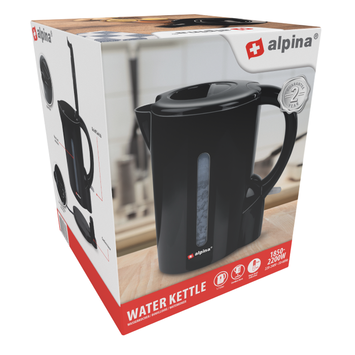 Opakowanie czarnegoczajnika Alpina. na kartonie widać urządzenie i czerwone elementy.