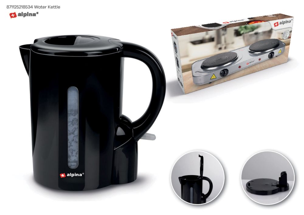 Czarny czajnik Alpina na białym tle. W prawym górnym rogu zdjęcie pudełka na kuchenkę przenośną.