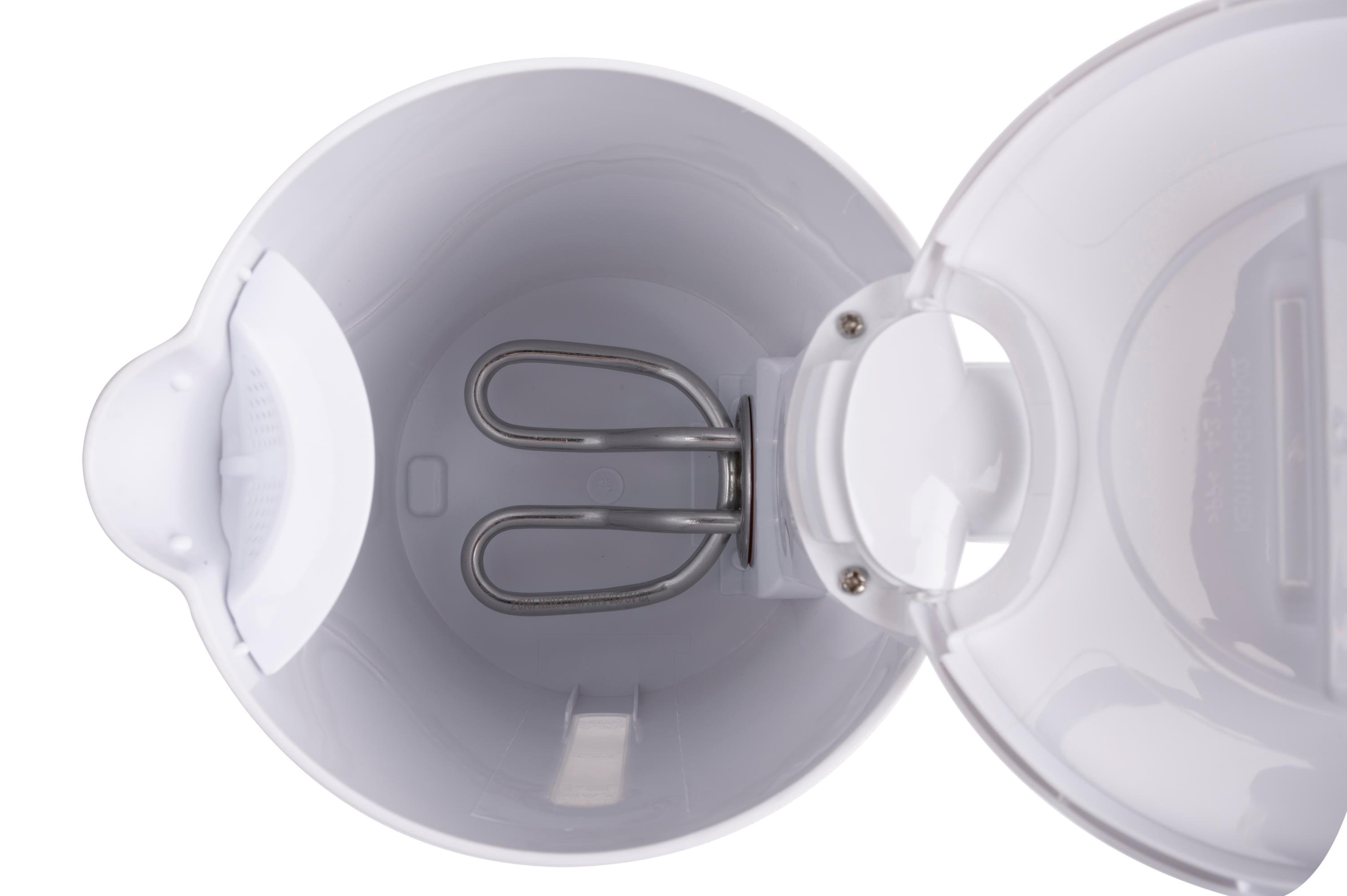 Widok białego czajnika od góry. Czajnik jest otwarty i widać jego wnętrze.