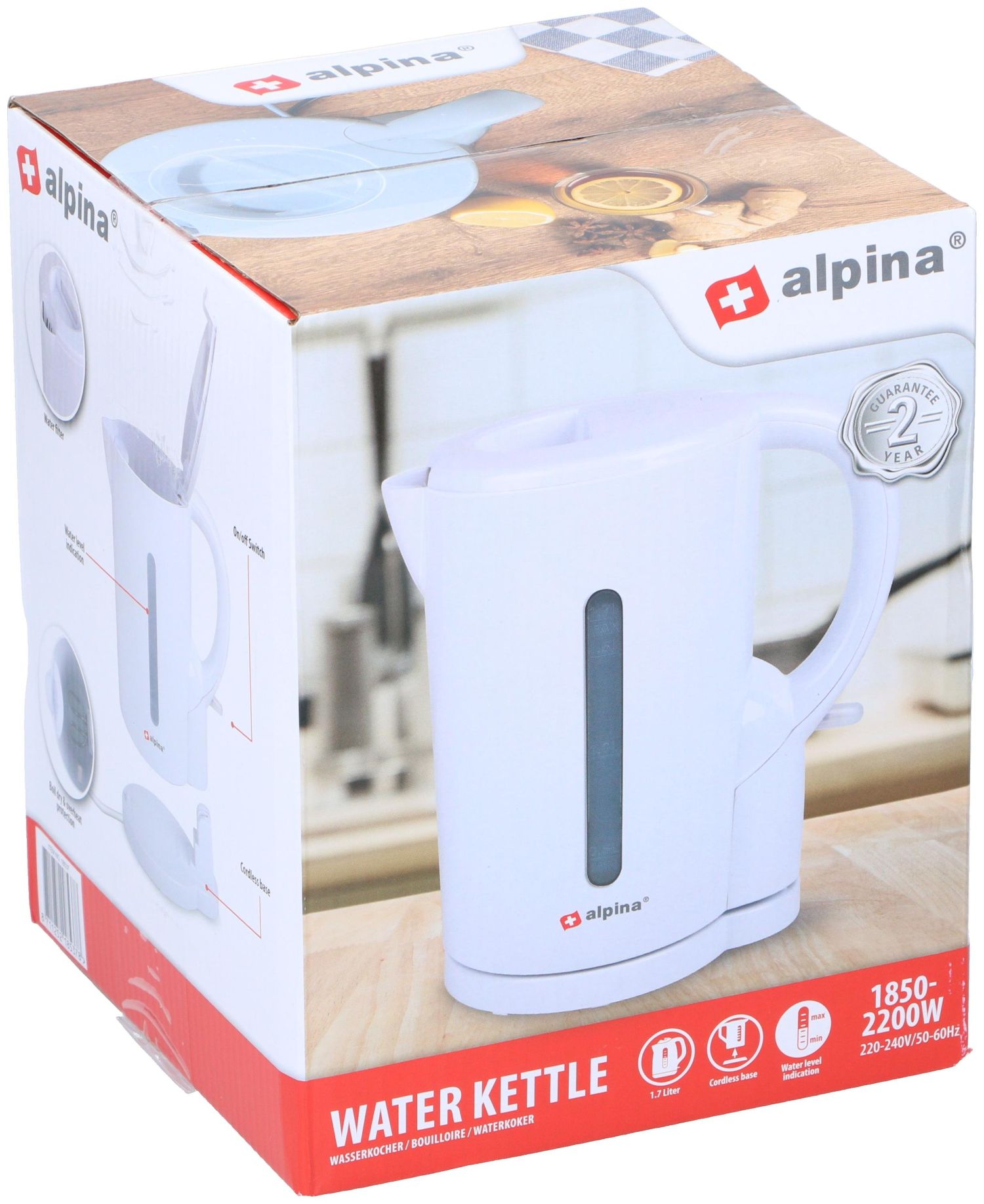 Opakowanie do urządzenia czajnik Alpina. Na zdjęciu na pudełku jest biały czajnik Alpina widoczny od boku.