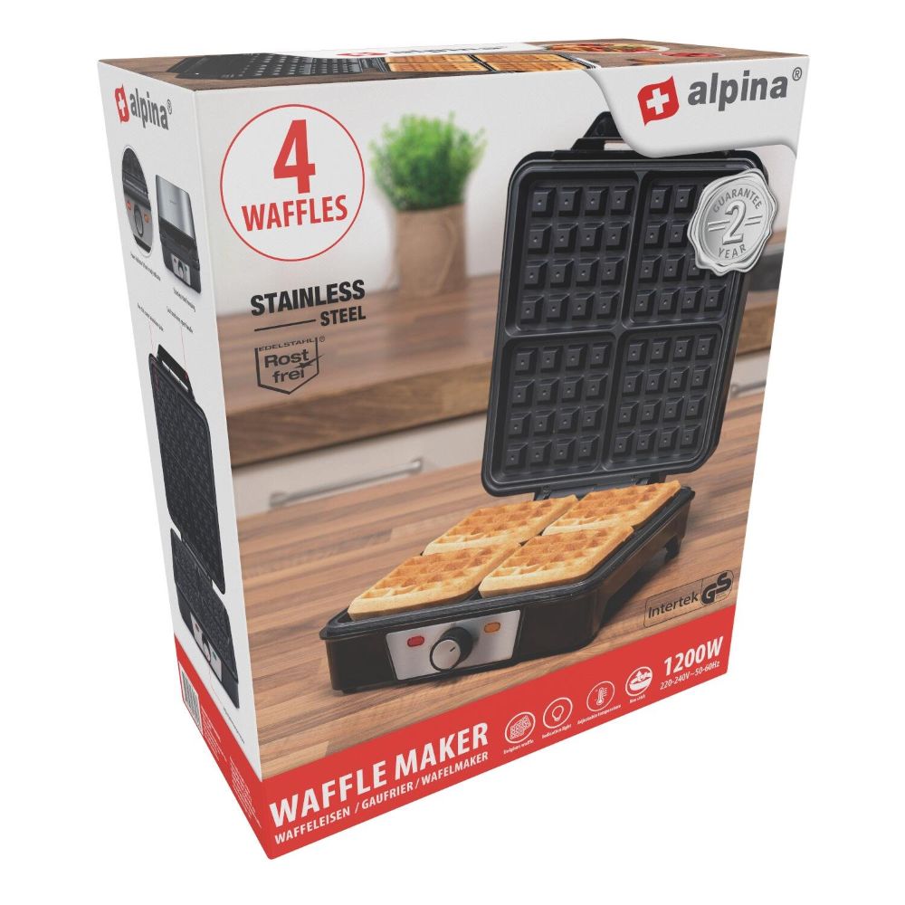 Opakowanie do gofrownicy Alpina. Na opakowaniu widać urządzenie oraz czerwone elementy.