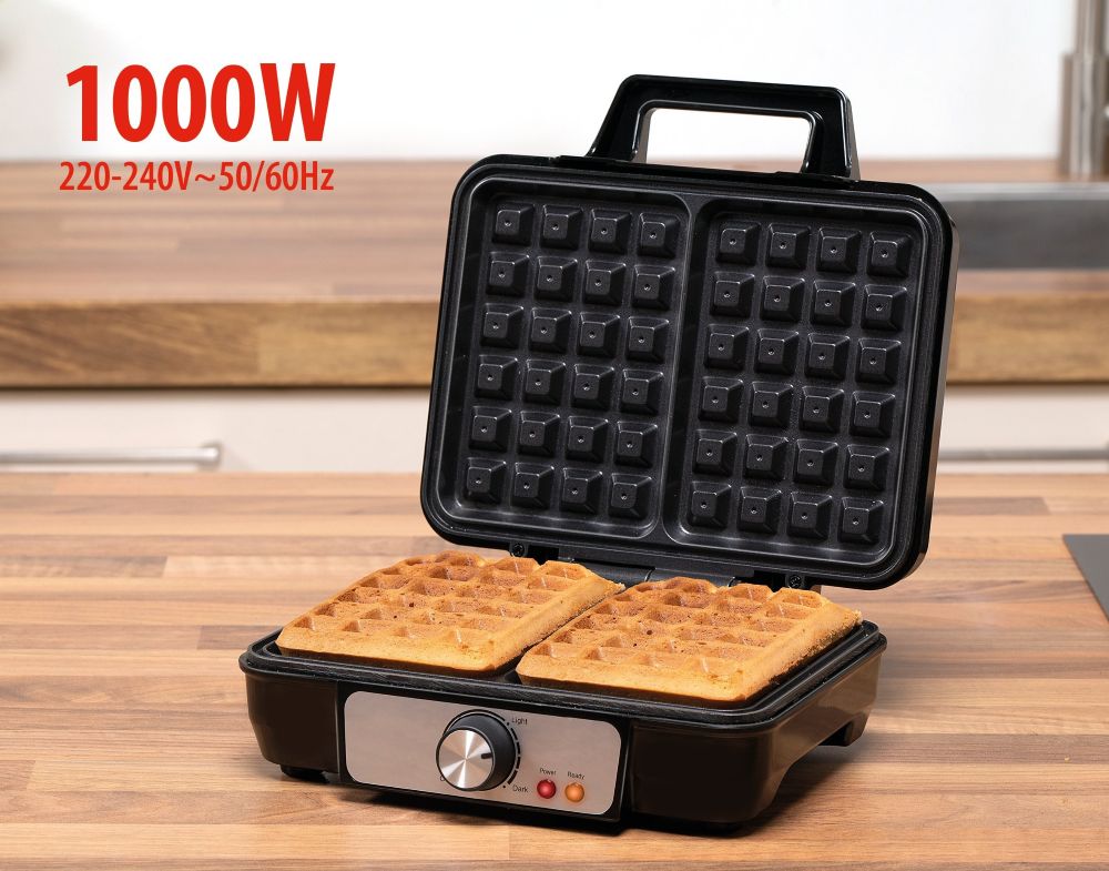 Otwarta gofrowanica marki Alpina z goframi na płycie grzewczej. Urządzenie stoi na kuchennym blacie.