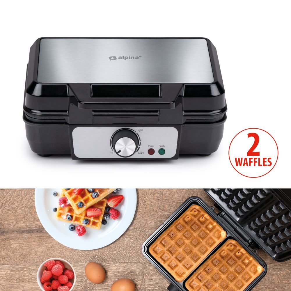 Zamknięta gofrownica na połowie zdjęcia. Na drugiej połowie Otwarta gofrownica z goframi wewnątrz i obok.