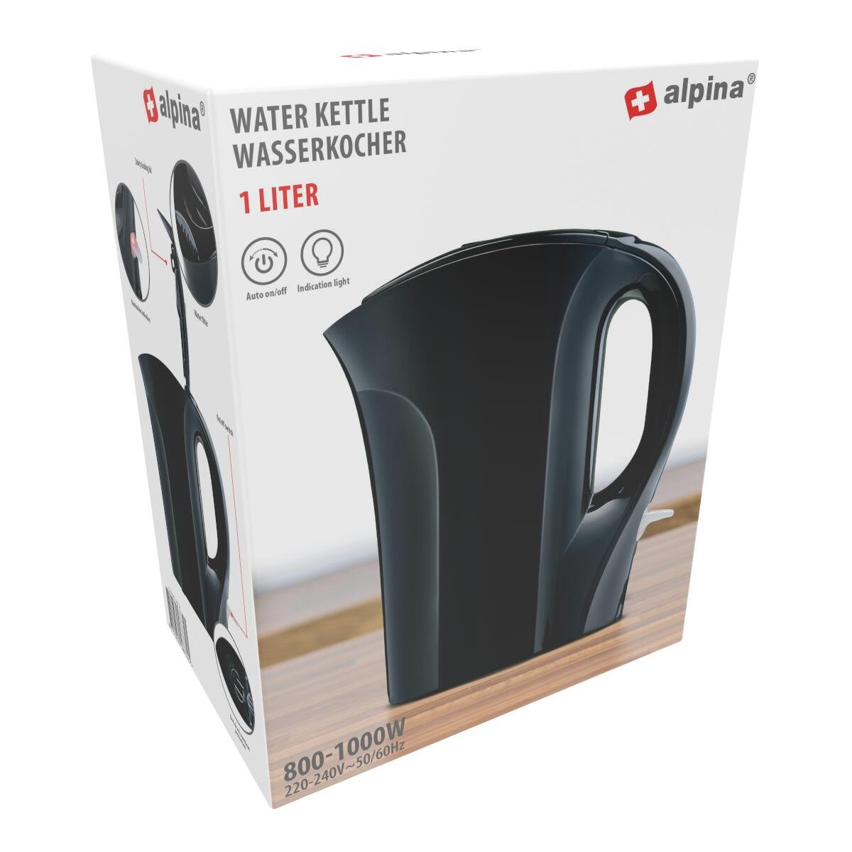 Pudełko po czajniku Alpina. Na pudełko jets zdjęcie czarnego urządzenia.